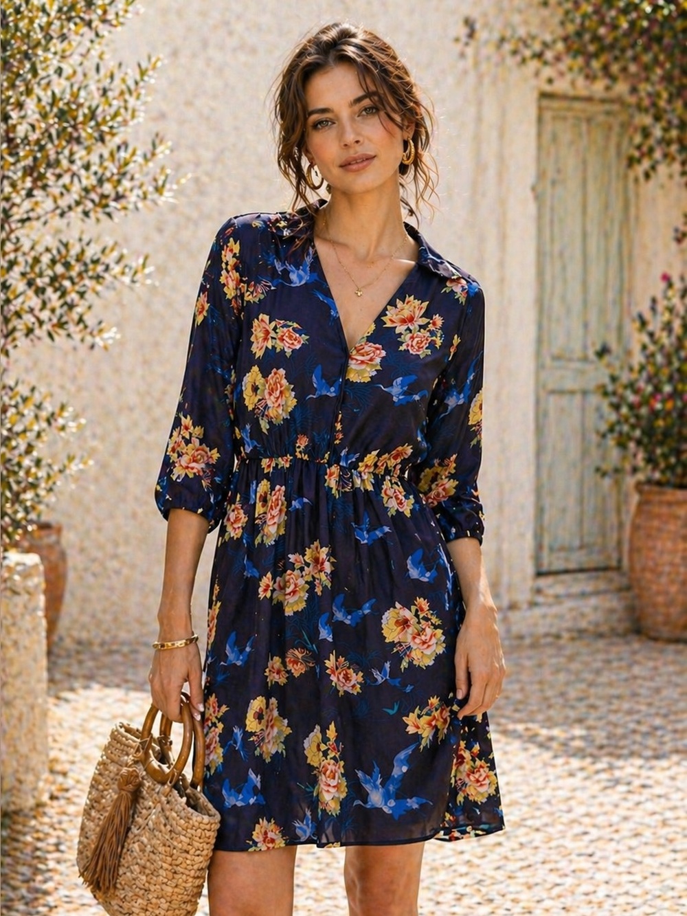 Navy Blue Dress Pink Floral  Blue Bird Print M Size